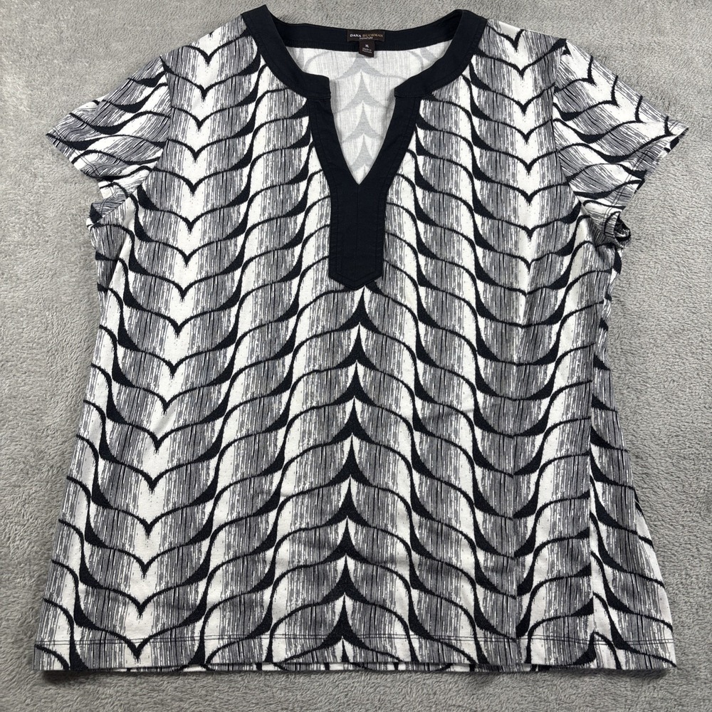 Dana Buchman Top Black White Blouse Embellished V-Neck Short Sleeve Women's XL